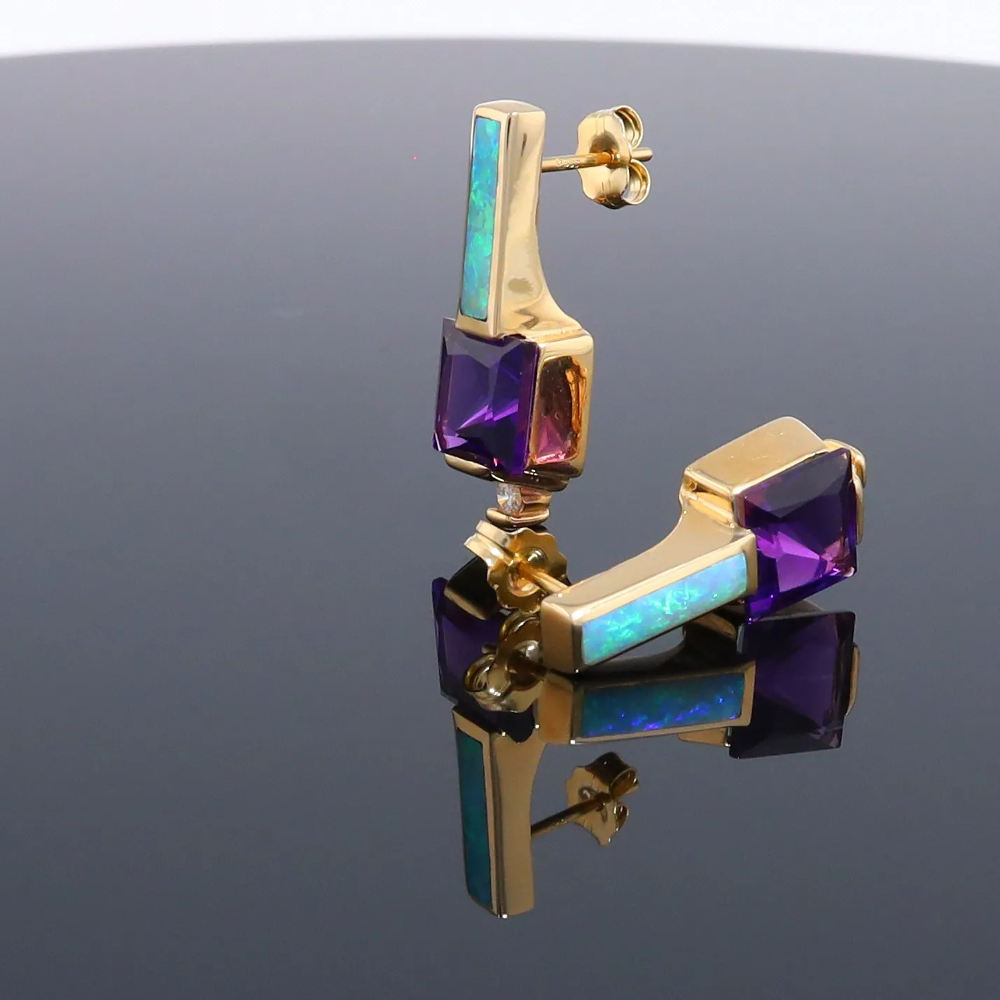 Opal Earrings Rectangle Inlaid Princess Cut Amethyst .06ctw Diamonds