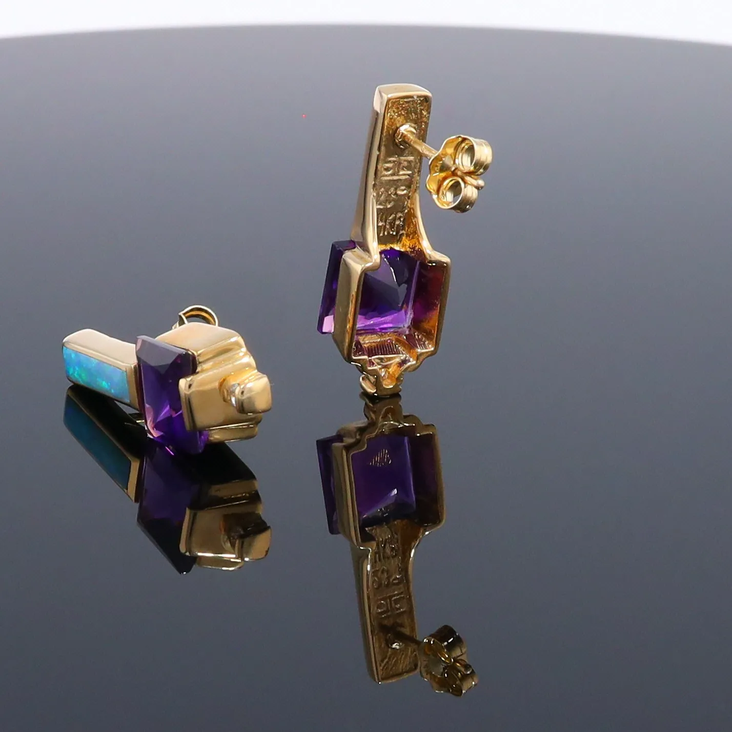 Opal Earrings Rectangle Inlaid Princess Cut Amethyst .06ctw Diamonds