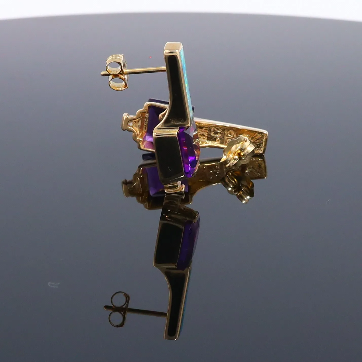 Opal Earrings Rectangle Inlaid Princess Cut Amethyst .06ctw Diamonds