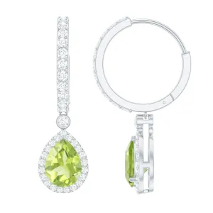 Pear Shape Peridot Hoop Drop Earrings with Moissanite