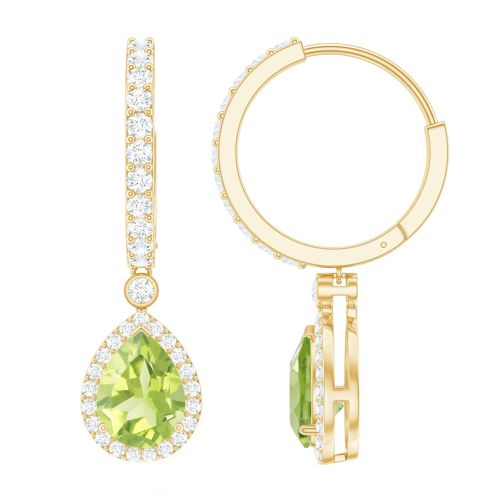 Pear Shape Peridot Hoop Drop Earrings with Moissanite