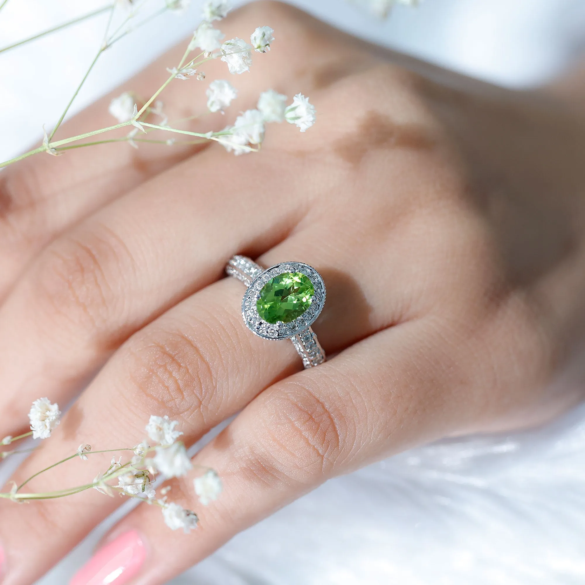 Peridot and Diamond Engagement Ring with Milgrain Details