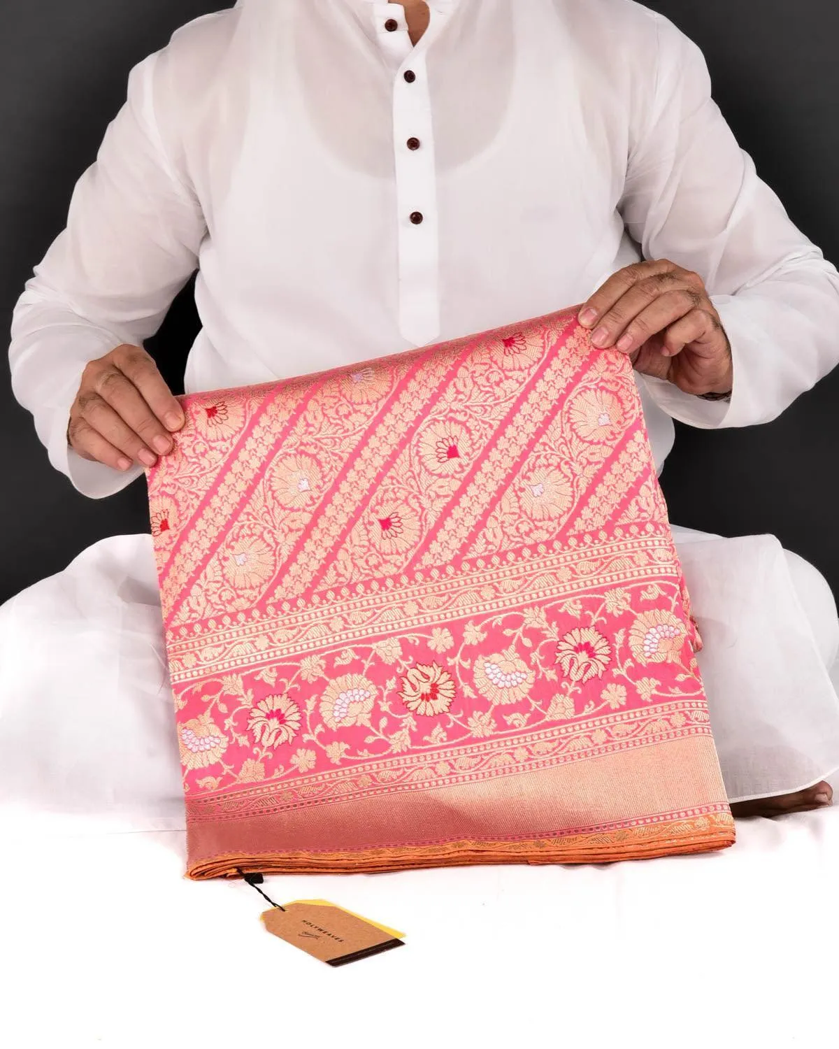 Pink Banarasi Diagonal Inlaid Stripes Kadhuan Brocade Handwoven Katan Silk Saree