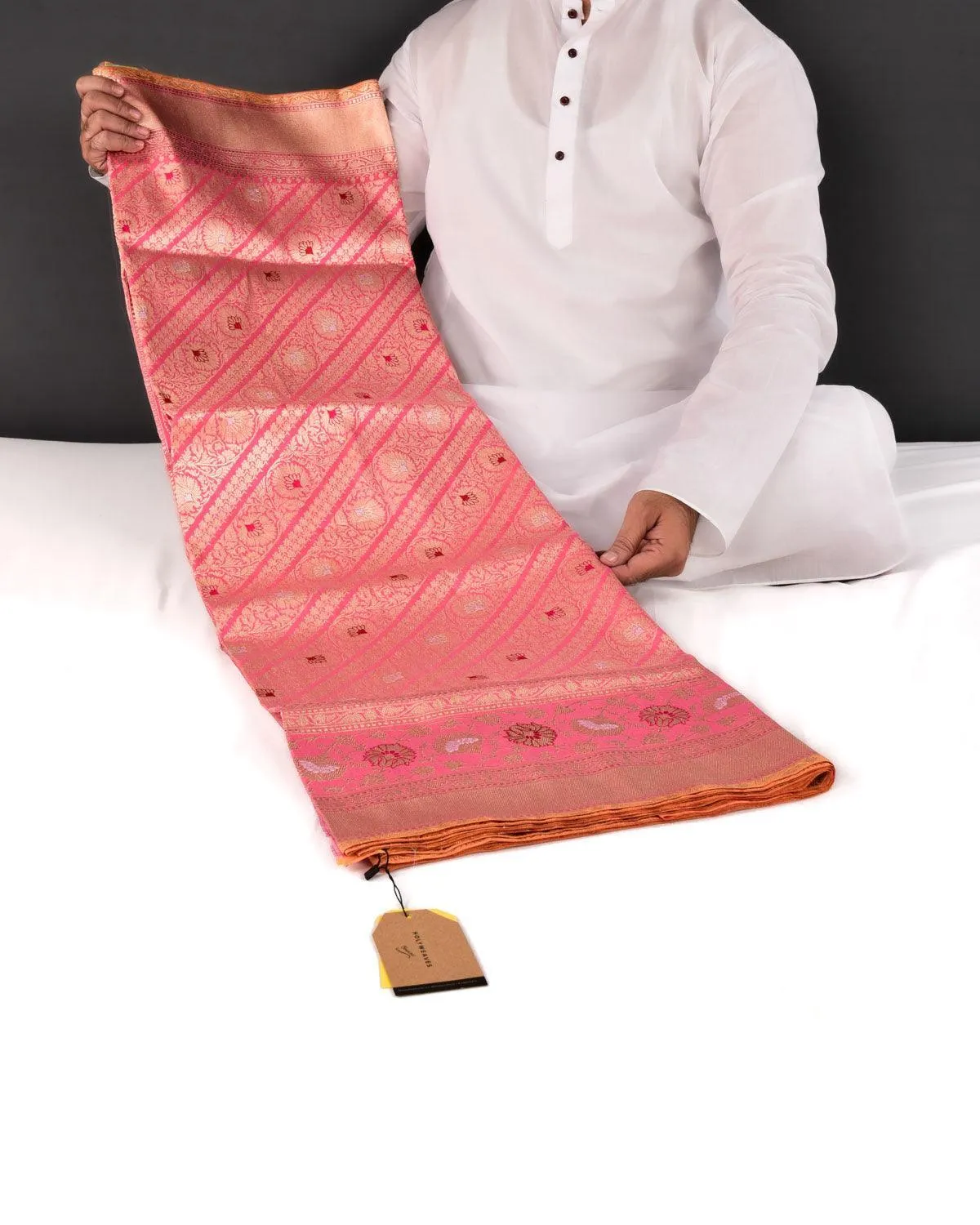 Pink Banarasi Diagonal Inlaid Stripes Kadhuan Brocade Handwoven Katan Silk Saree