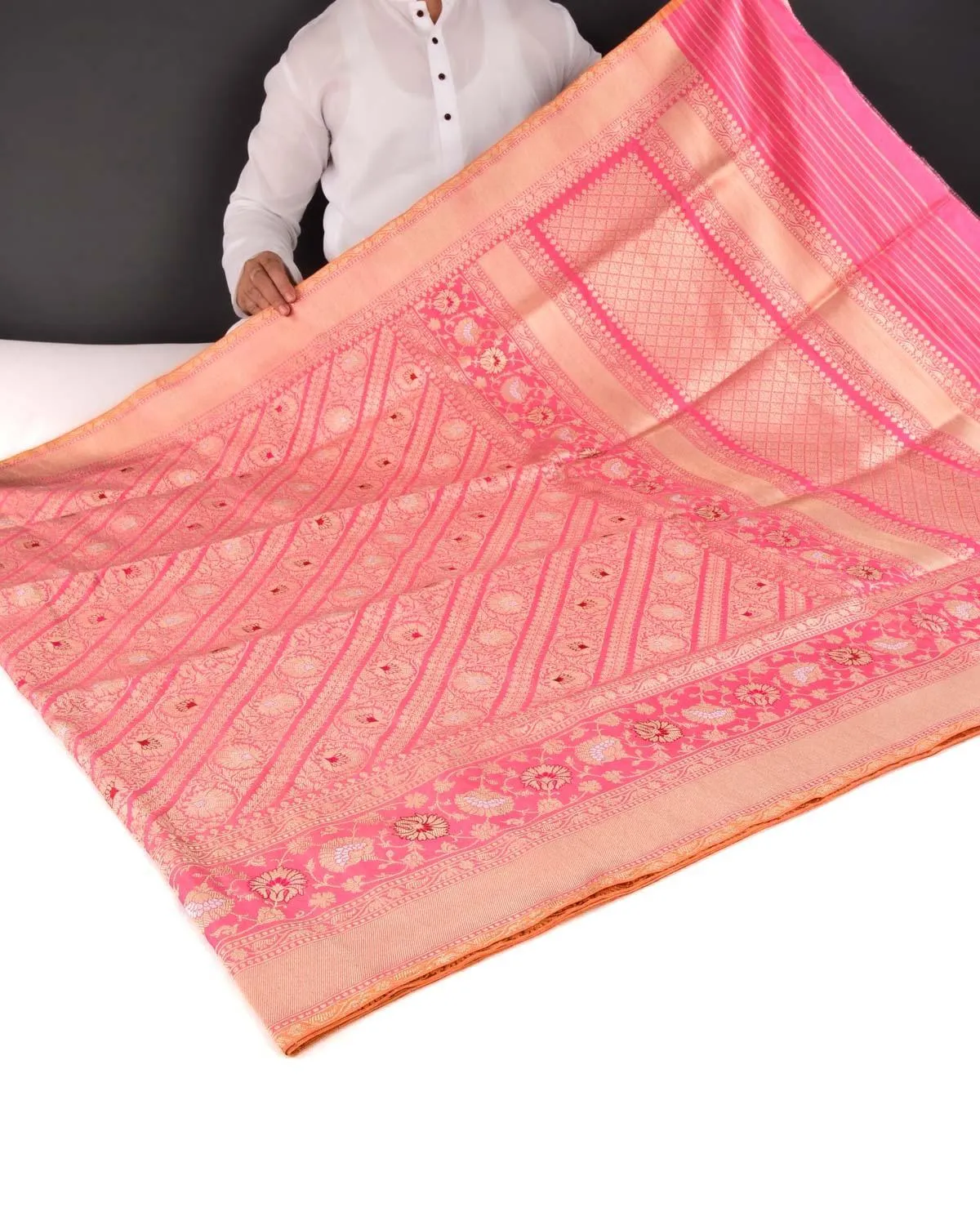 Pink Banarasi Diagonal Inlaid Stripes Kadhuan Brocade Handwoven Katan Silk Saree