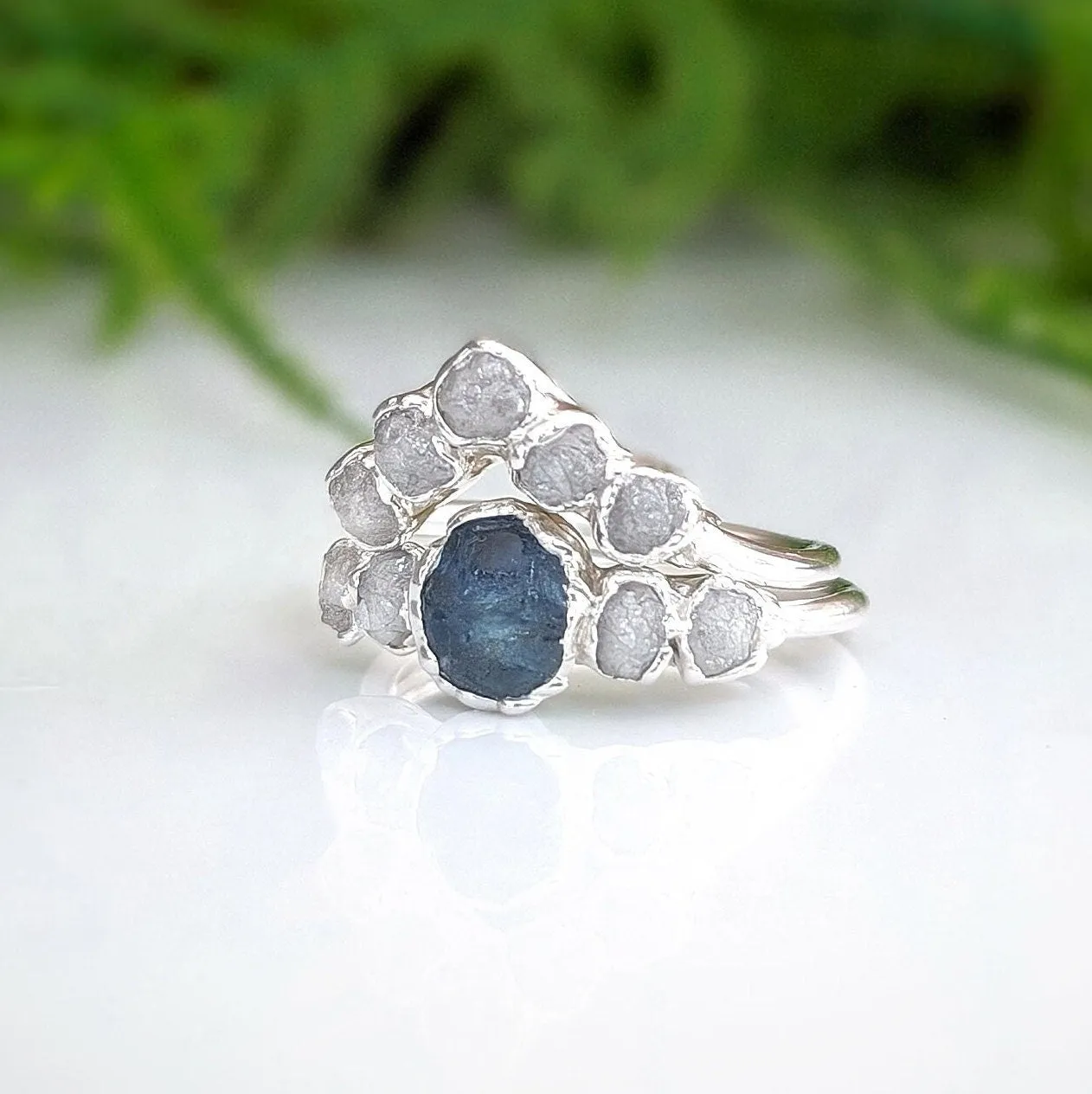 Raw Montana Sapphire and diamond bridal ring set