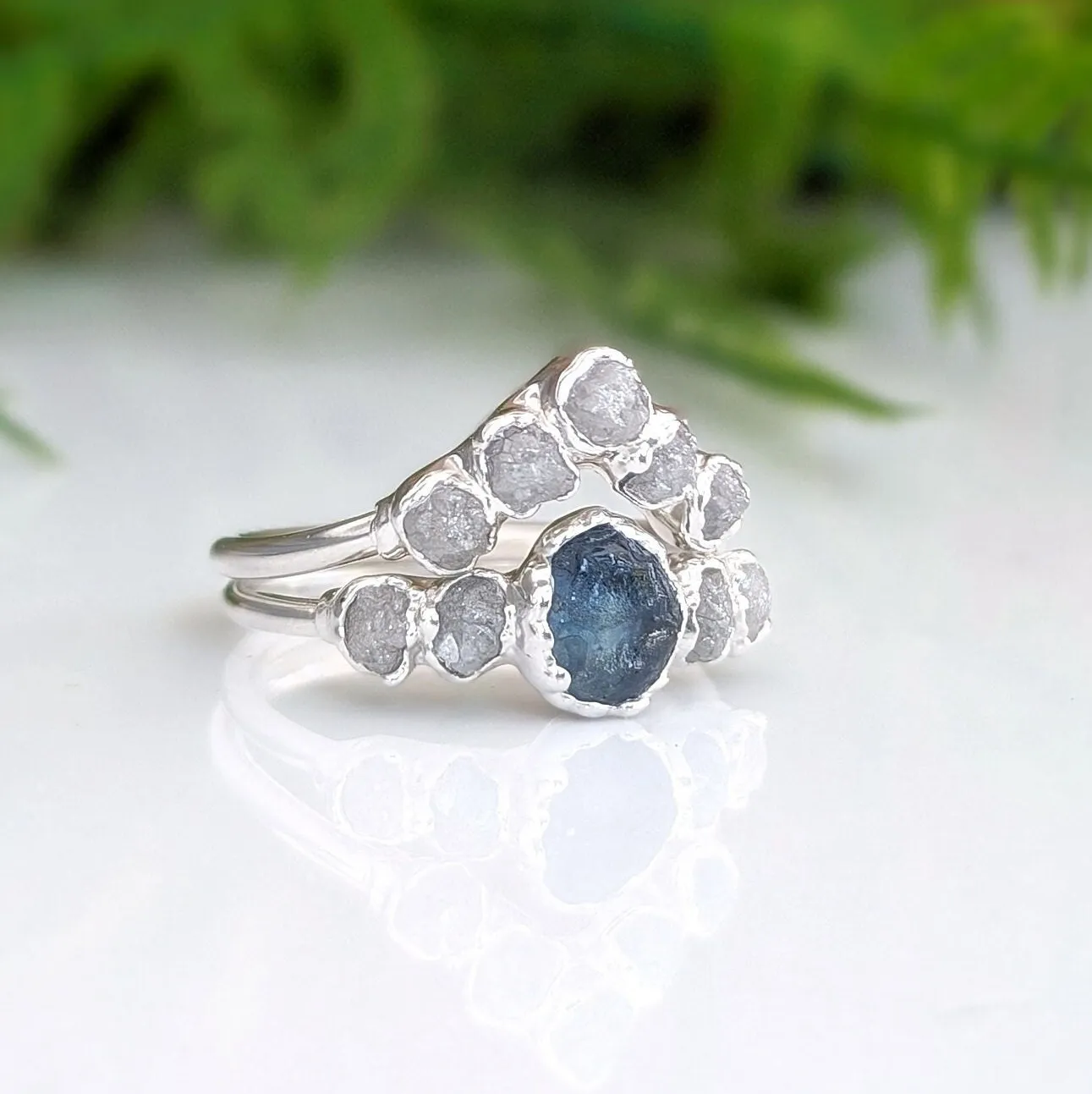 Raw Montana Sapphire and diamond bridal ring set