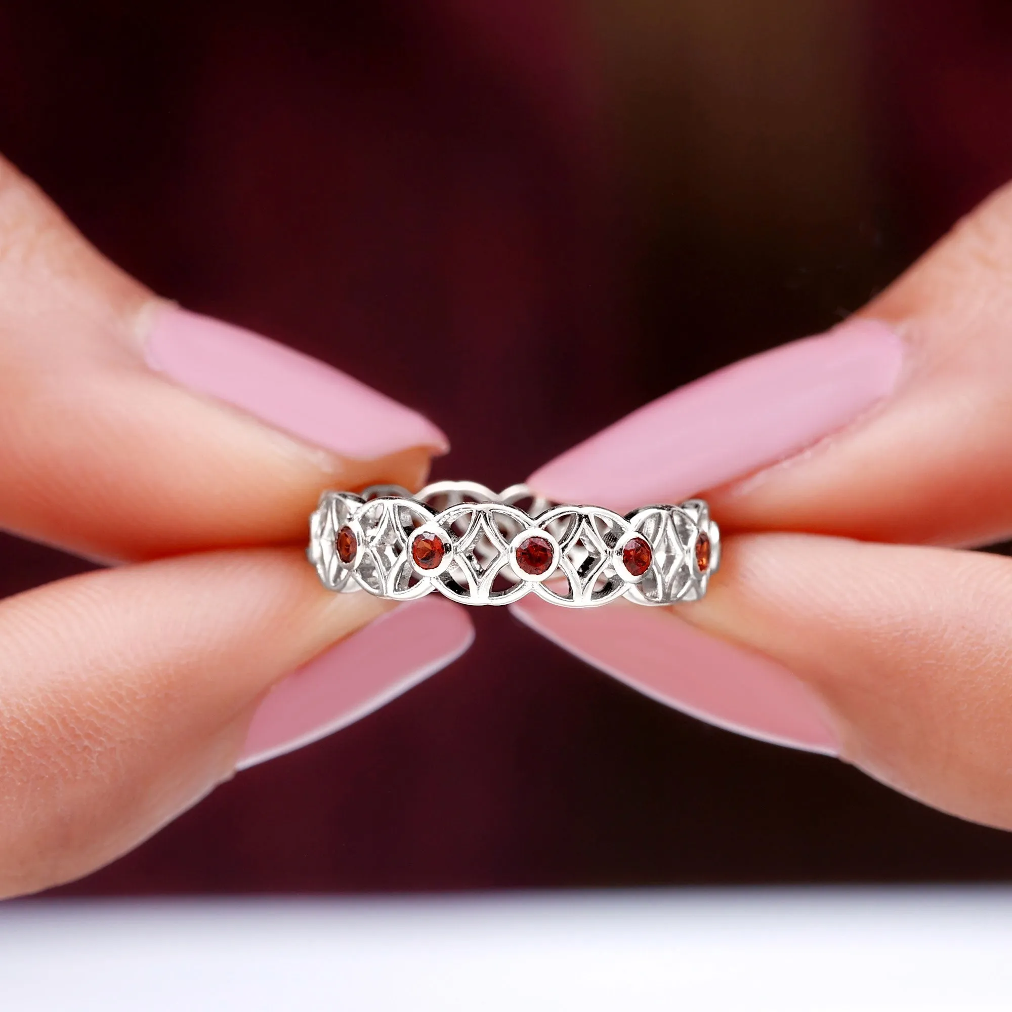 Real Garnet Flower Wedding Band Ring with Cutwork