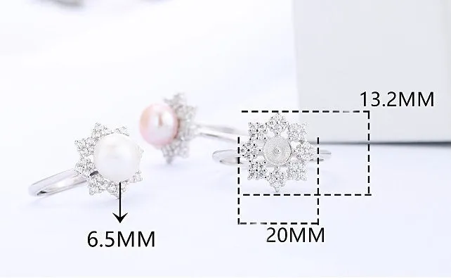 Ring Blank Pearl Setting 6.5mm 925 Solid Sterling Silver Bezel Snowflake Cup Adjustable For One Bead DIY Jewelry Finding Wholesale 1pc