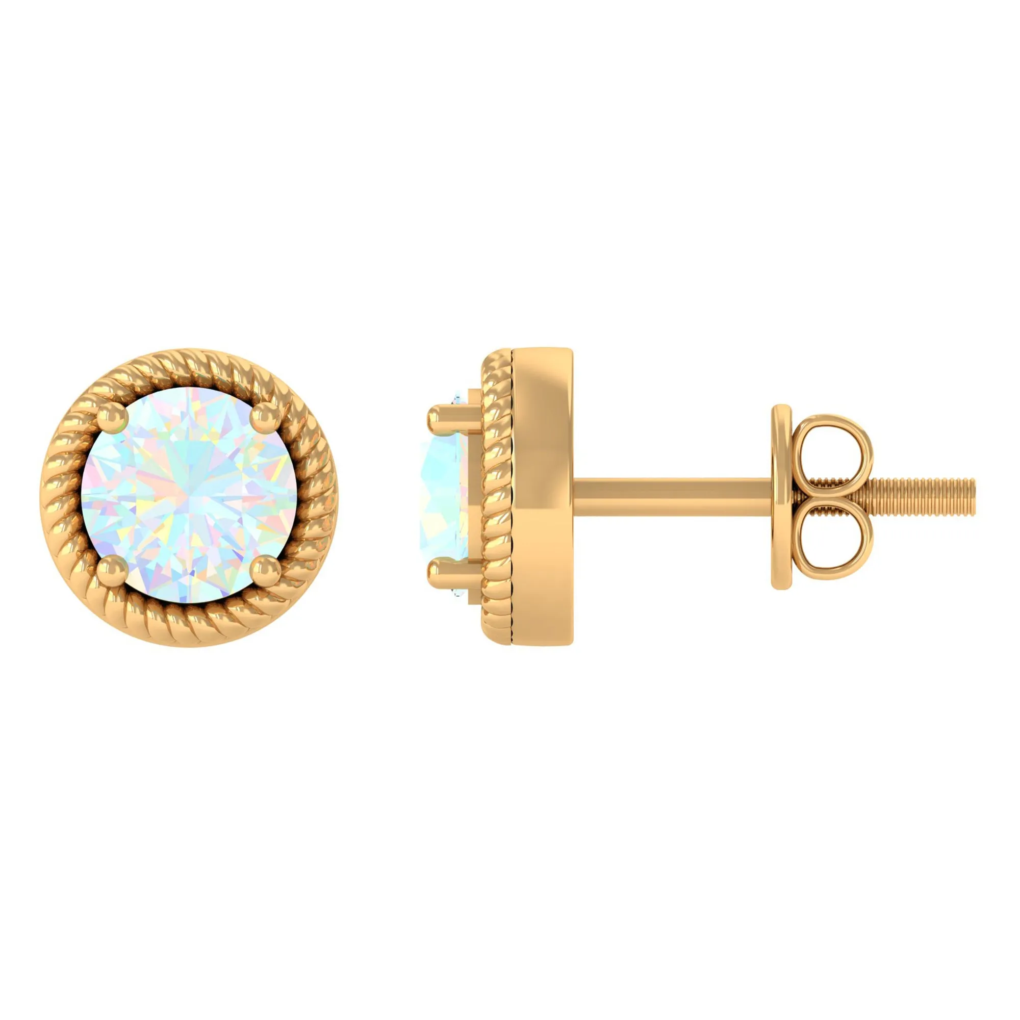 Rope Frame Round Shape Ethiopian Opal Solitaire Stud Earrings in 4 Prong Setting
