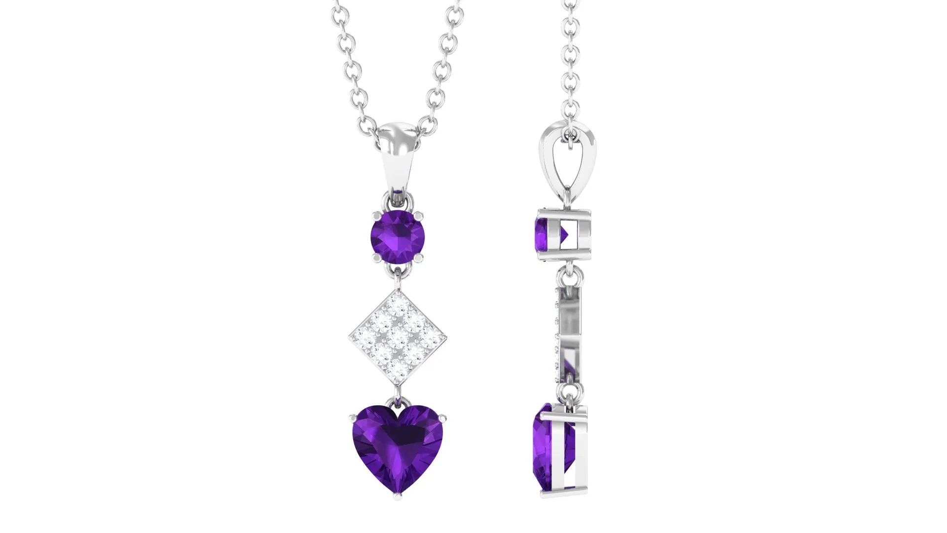 Round and Heart Shape Amethyst Dangle Pendant with Diamond
