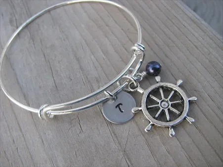 Ship's Wheel Charm Bracelet- Adjustable Bangle Bracelet with an Initial Charm and an Accent Bead of your choice