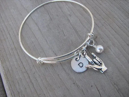 Sign Language- I Love You  Charm Bracelet- Adjustable Bangle Bracelet with an Initial Charm and an Accent Bead of your choice