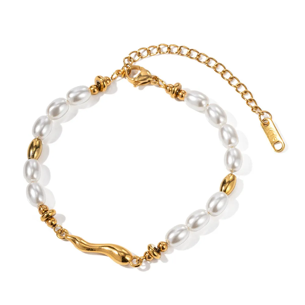 Sisslia New Stylish 18k Stainless Steel Inlaid Pearl Shaped Drop Cast Vintage Bracelet for Women