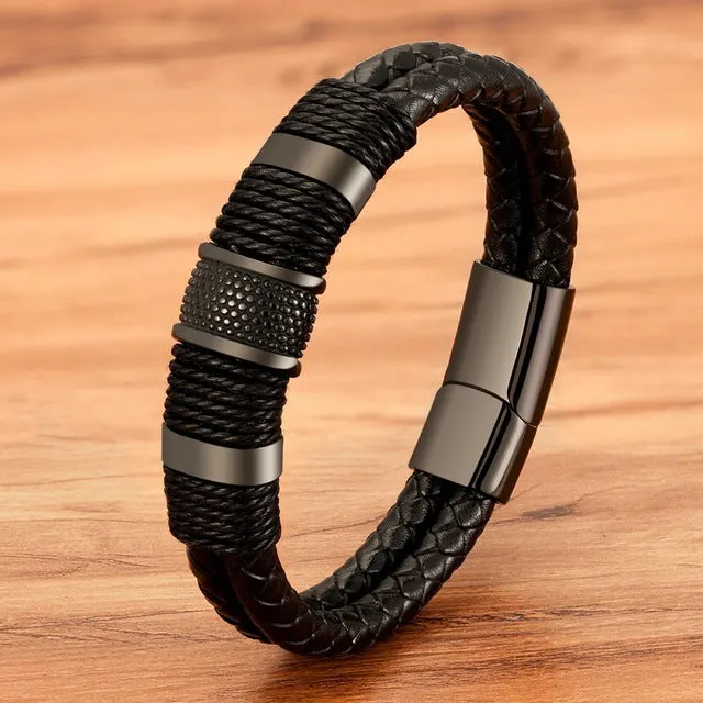 Stainless Steel Cowhide Rope Double Braided Bracelet Men's Metal
