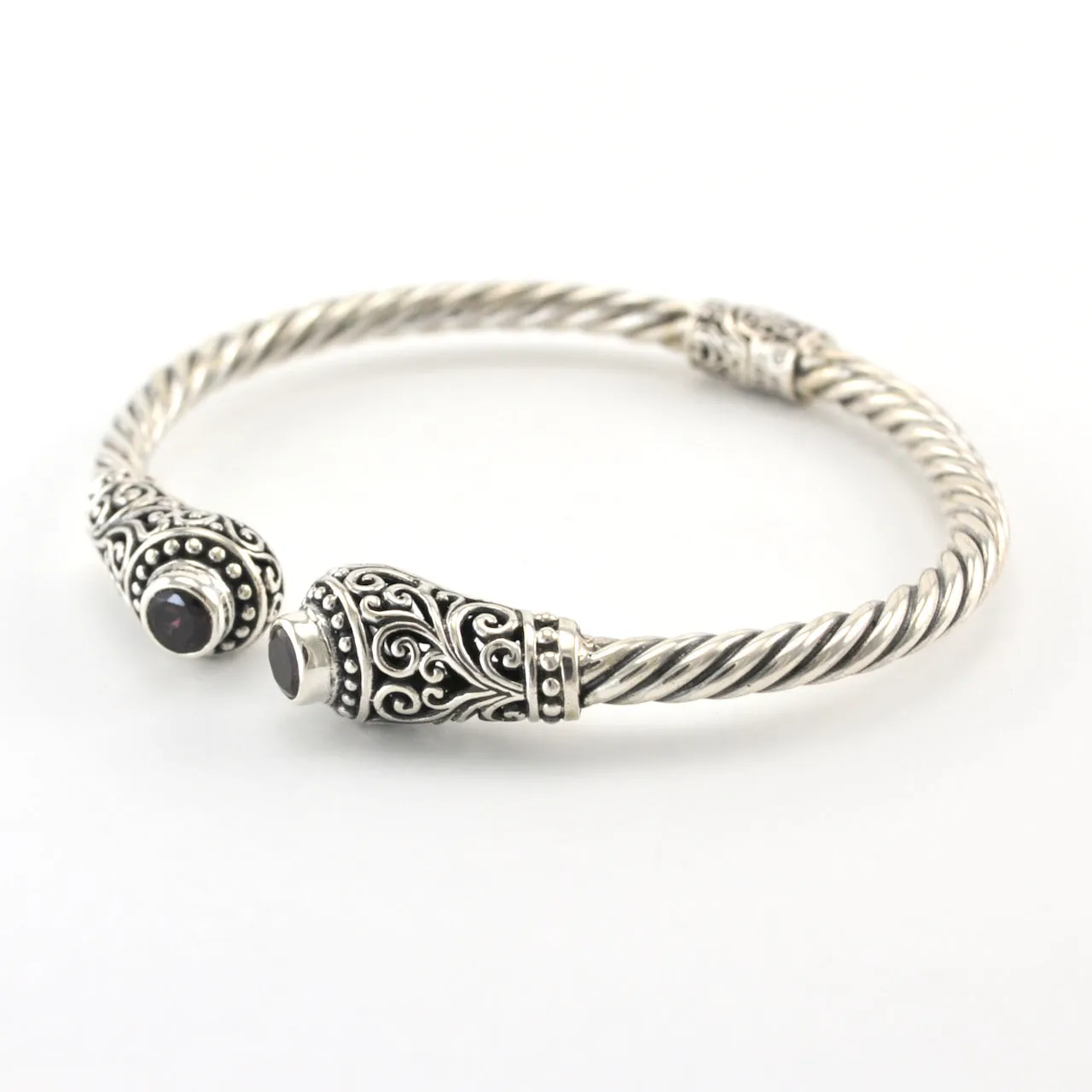 Sterling Silver Garnet Round Bali Hinged Cuff Bracelet