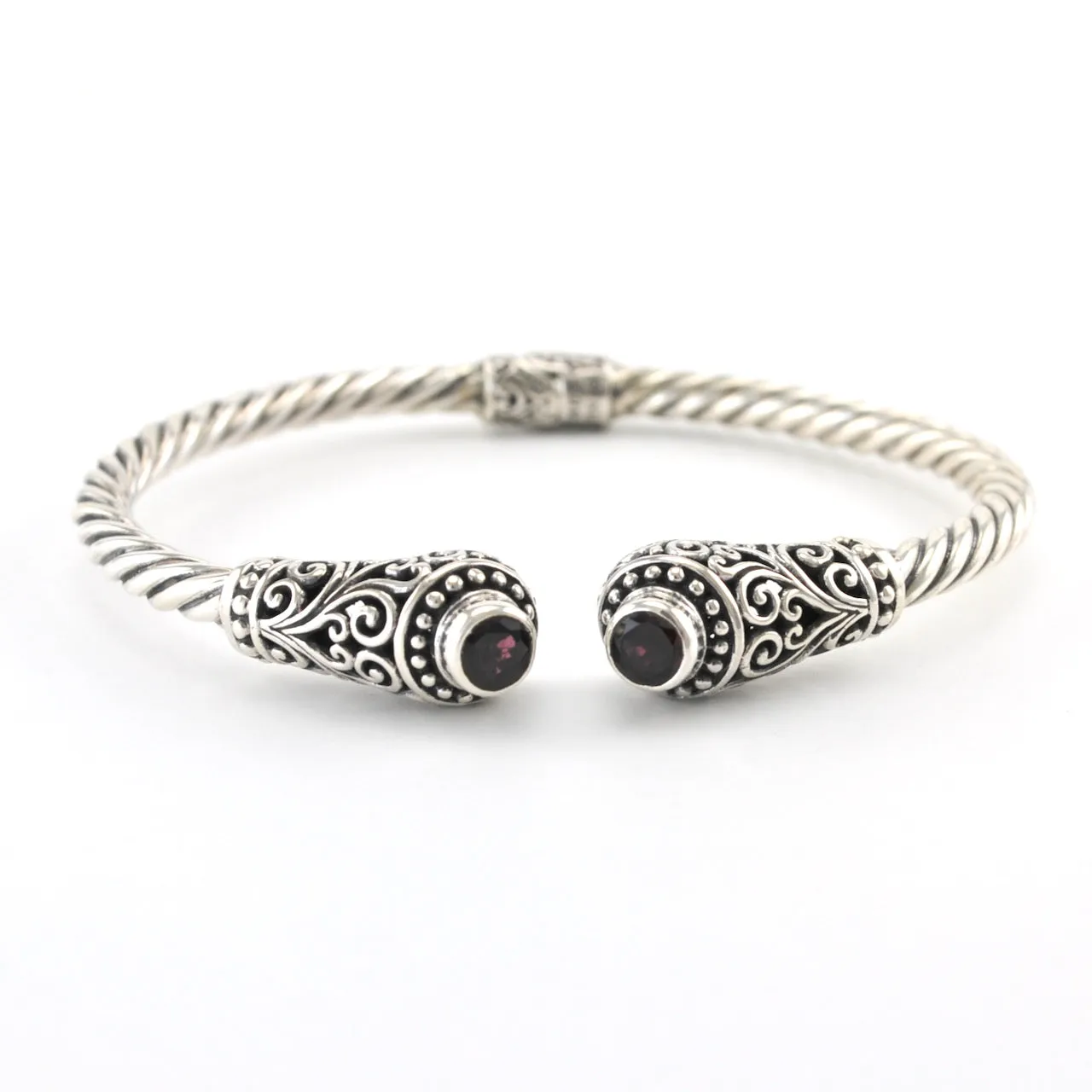 Sterling Silver Garnet Round Bali Hinged Cuff Bracelet