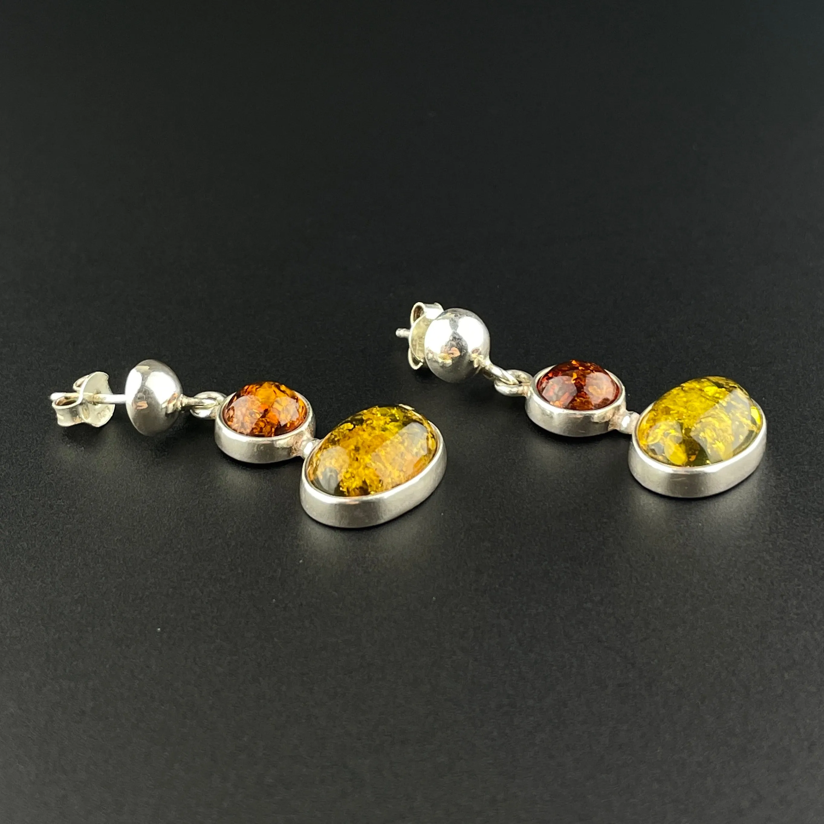 Vintage Silver Amber Stud Drop Earrings