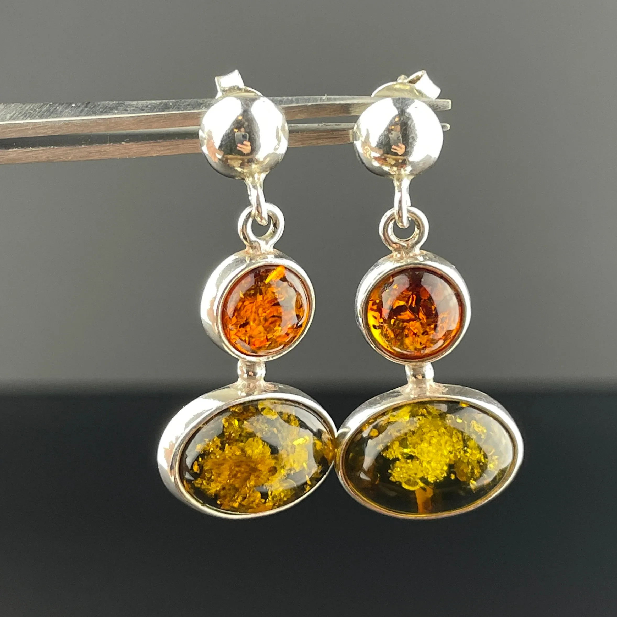 Vintage Silver Amber Stud Drop Earrings