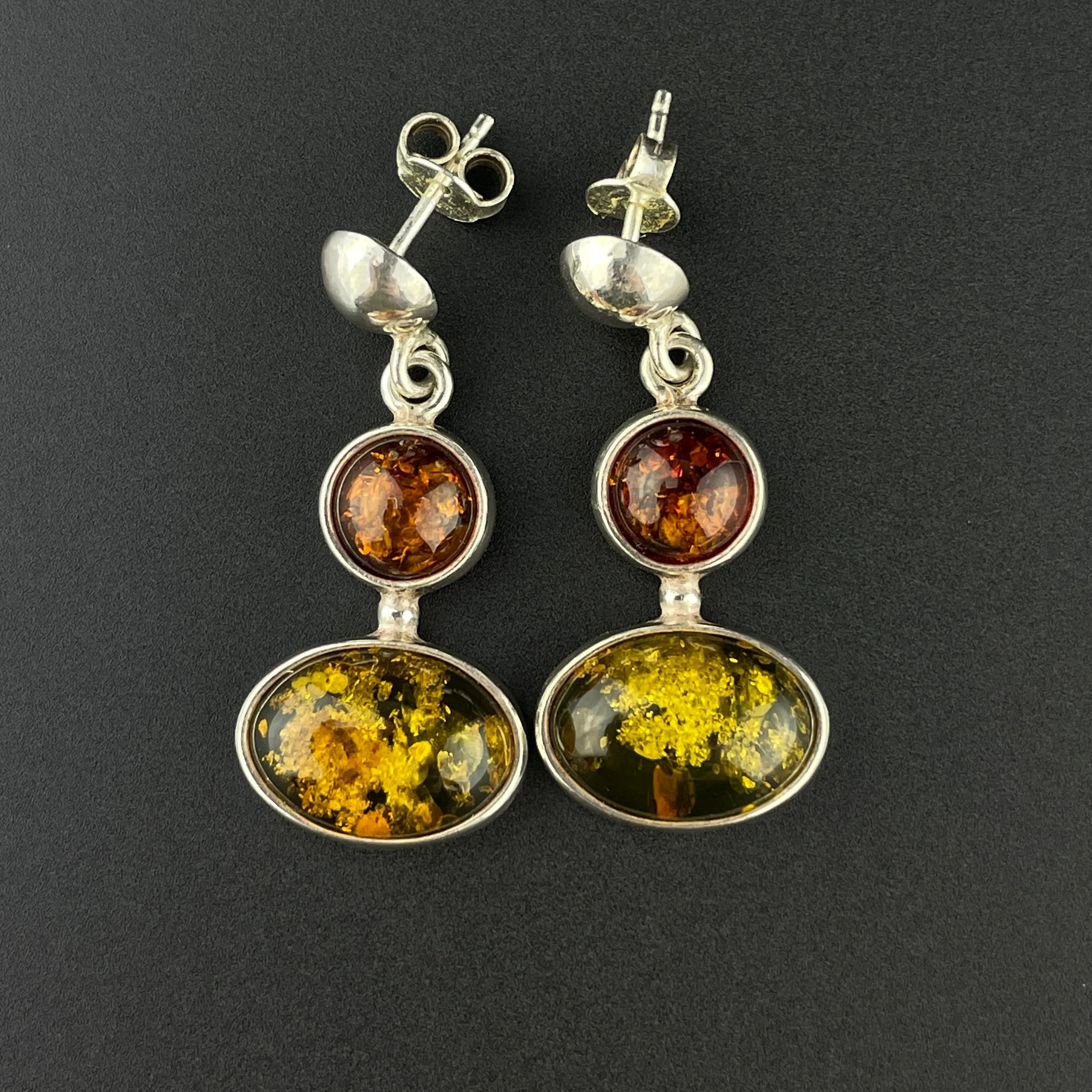 Vintage Silver Amber Stud Drop Earrings