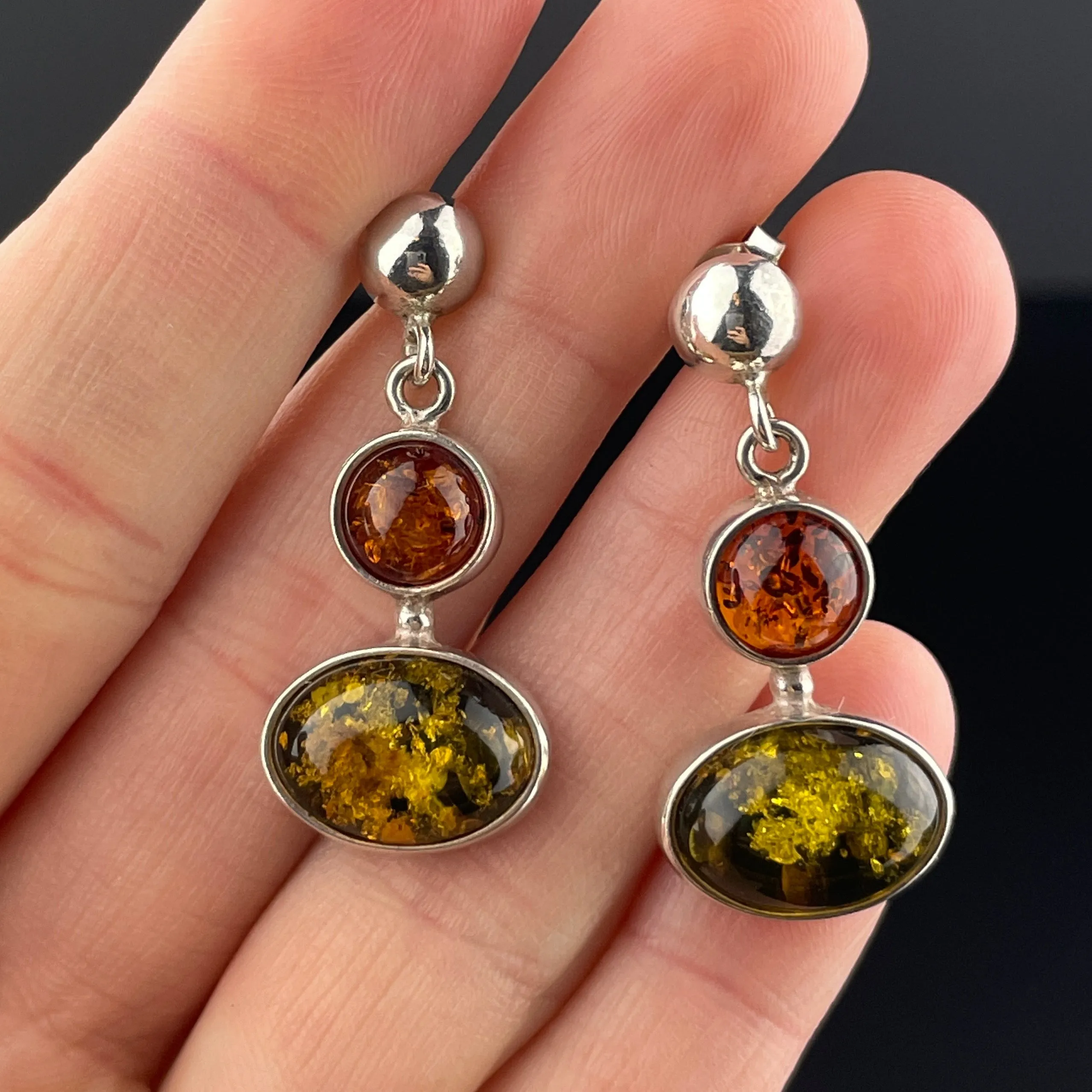 Vintage Silver Amber Stud Drop Earrings