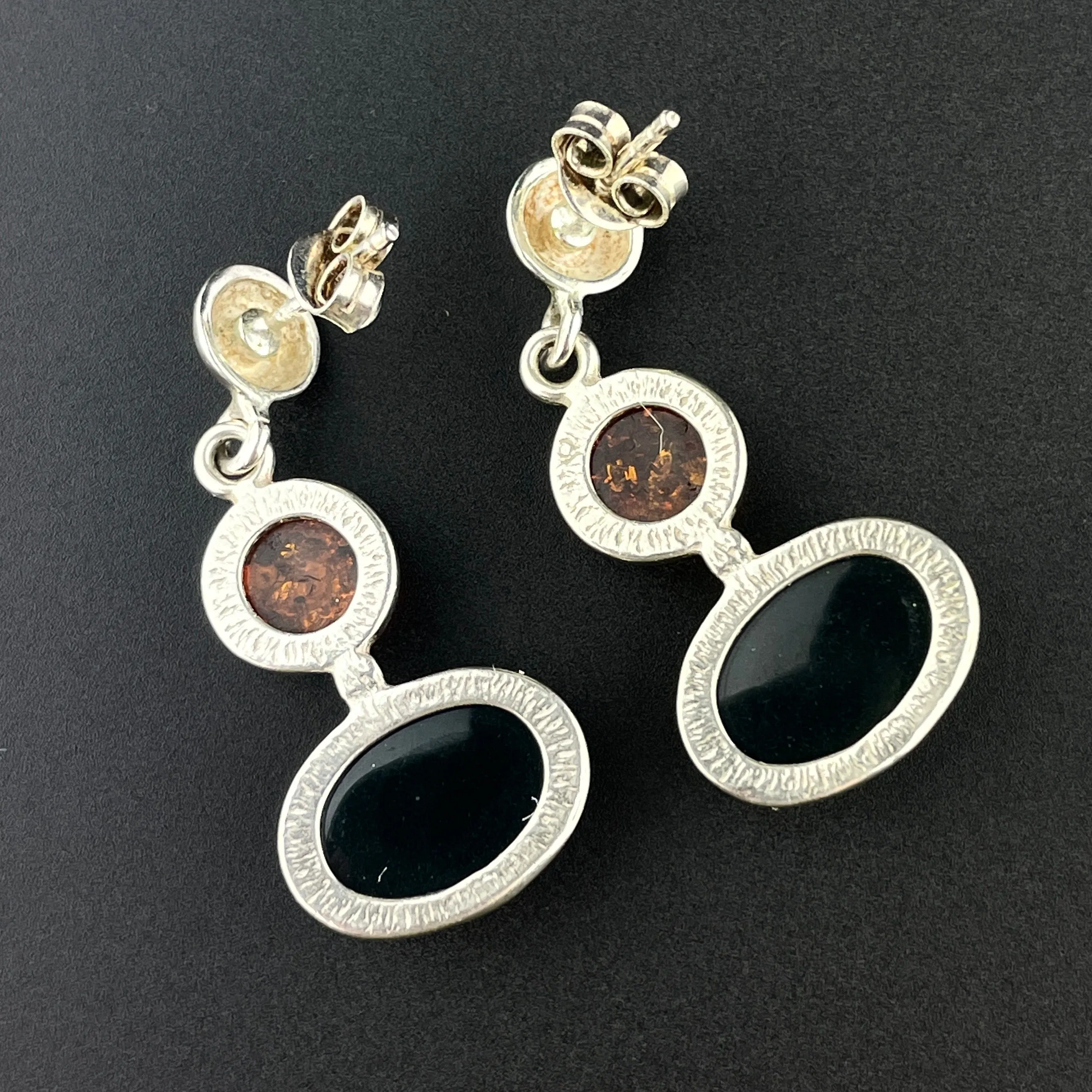 Vintage Silver Amber Stud Drop Earrings