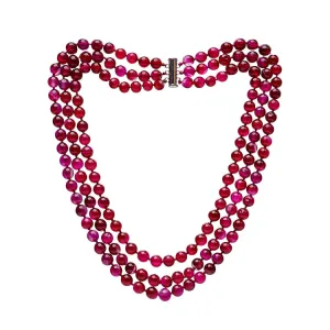 Women's Handmade Gemstone Necklace Three Rows 8mm Lace Pink Agate Beadeds Necklace
