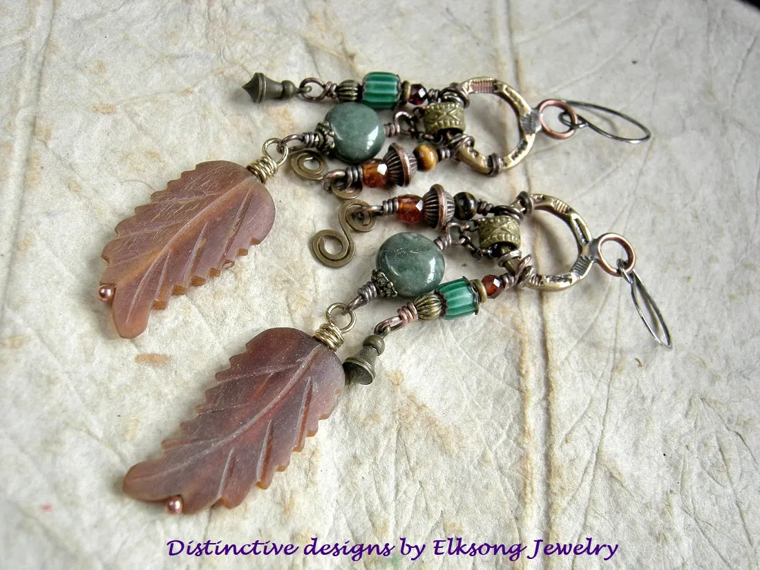 Wood Elf Statement Earrings, Chandelier Style, Green & Amber