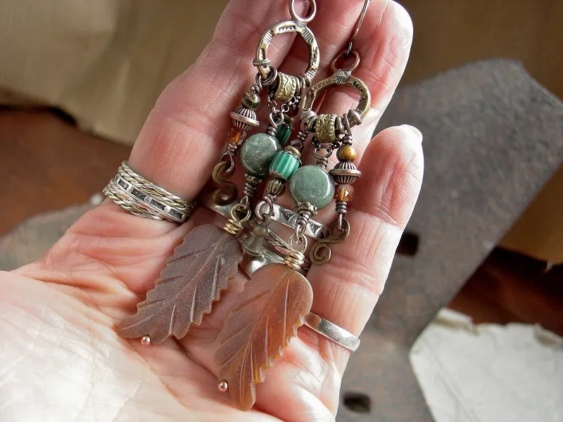 Wood Elf Statement Earrings, Chandelier Style, Green & Amber