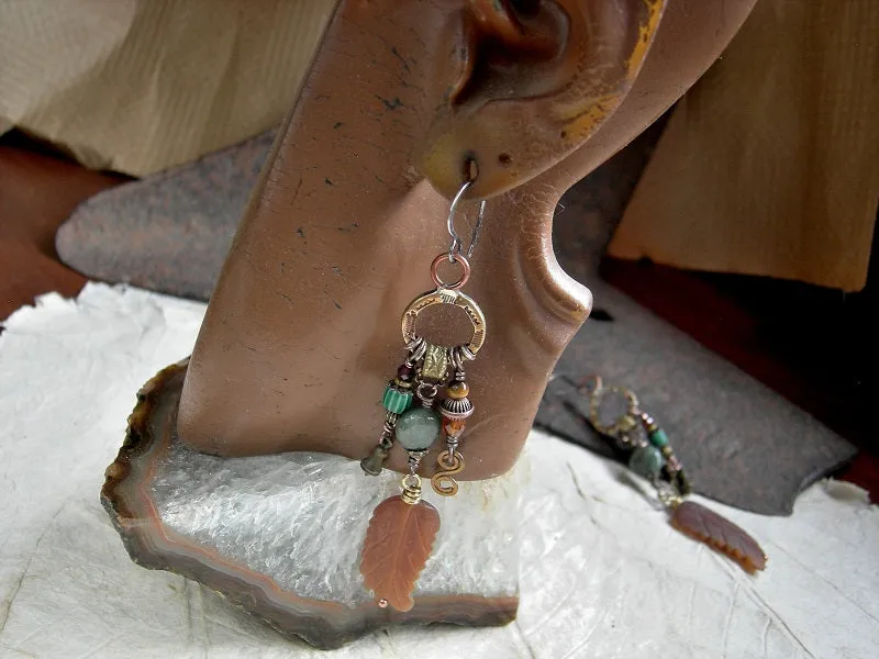 Wood Elf Statement Earrings, Chandelier Style, Green & Amber