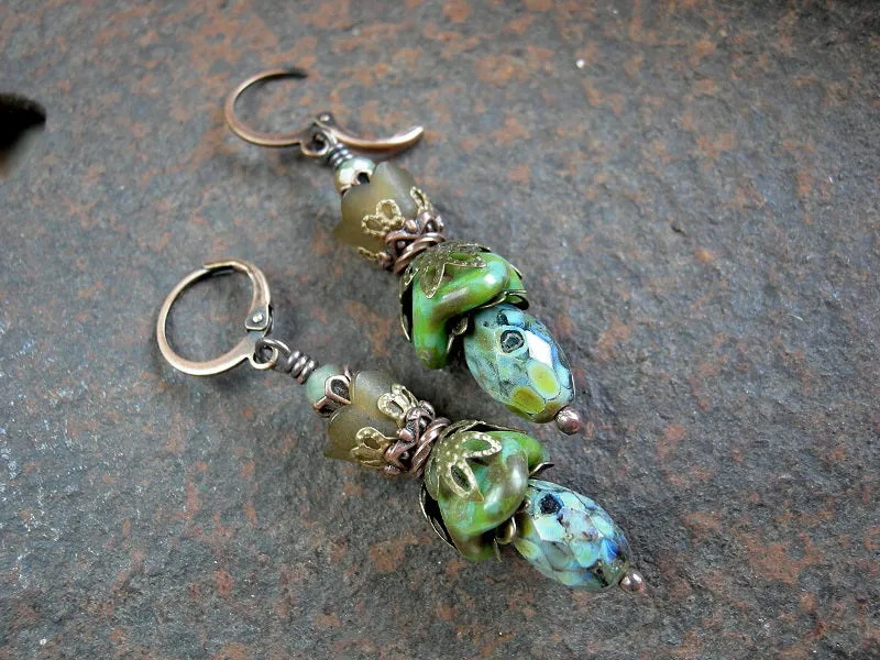 Woodland Flower Earrings, Brown & Green Glass Drops