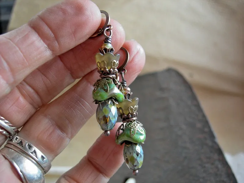Woodland Flower Earrings, Brown & Green Glass Drops