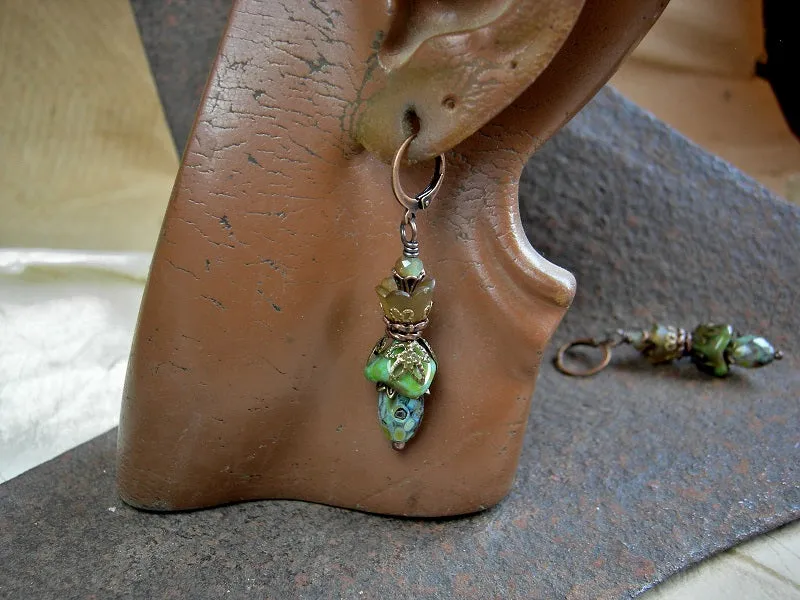 Woodland Flower Earrings, Brown & Green Glass Drops
