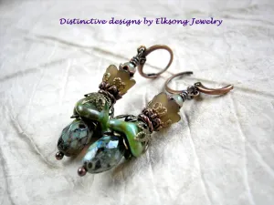 Woodland Flower Earrings, Brown & Green Glass Drops